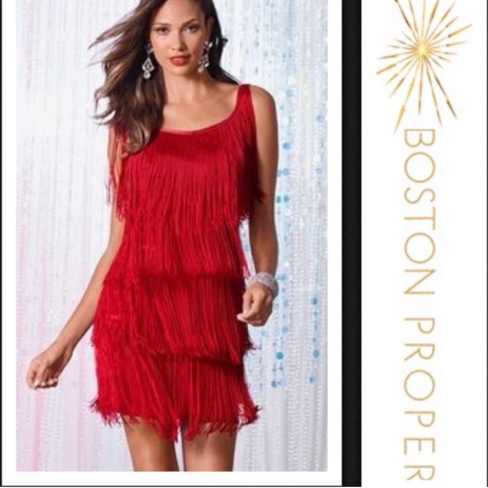 NWT Boston Proper Red High Neck Heartthrob Fringe Dress